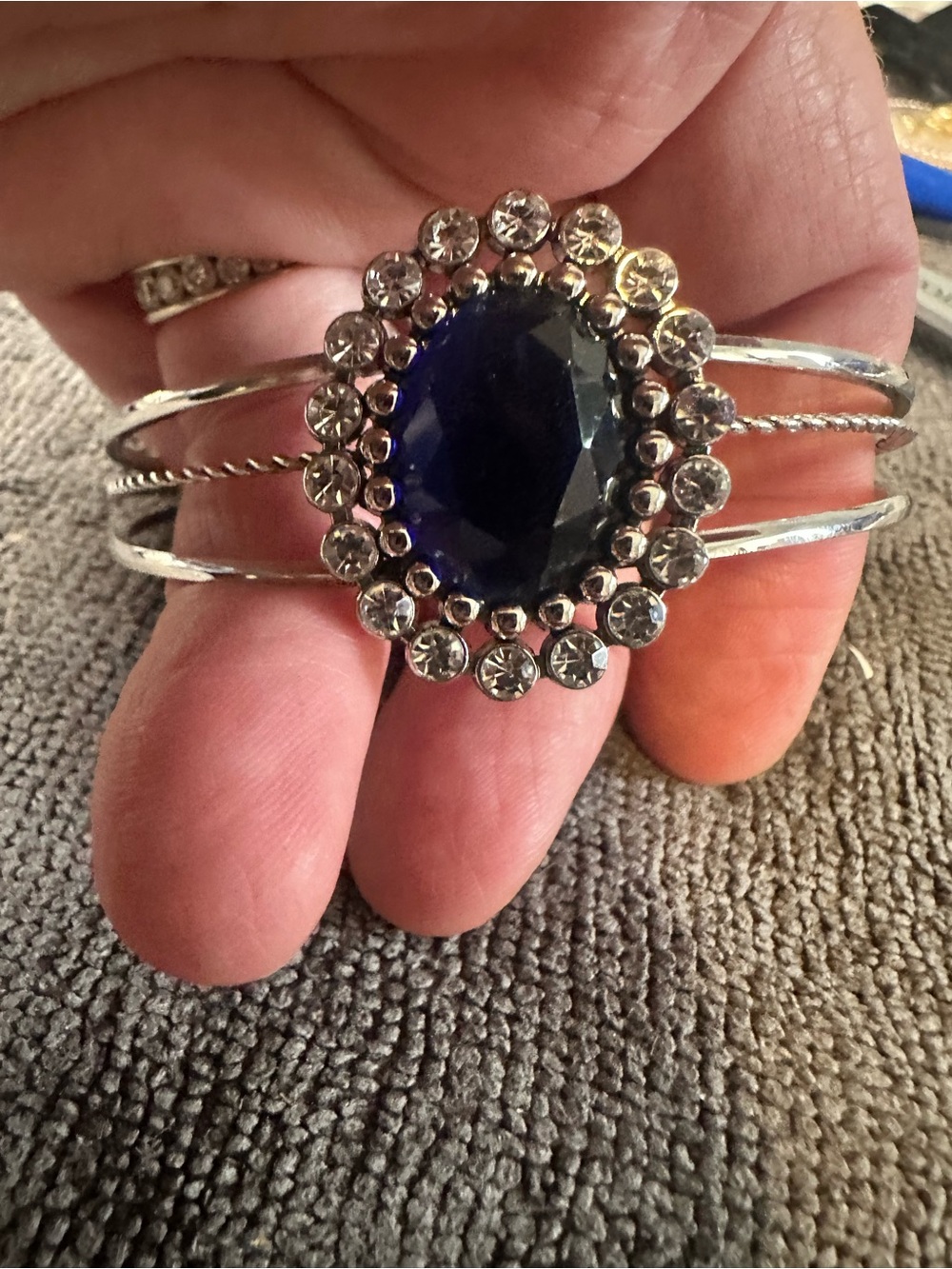 Silver-Tone Cuff Bracelet with Sapphire-Blue Center and Crystal Halo